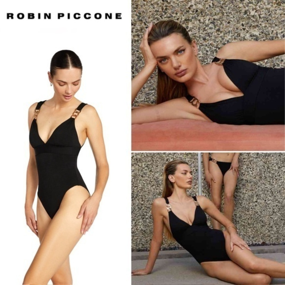 Robin Piccone Jane Plunge One Piece Swimsuit in Black Gold sz M US 6 NWT 186$
